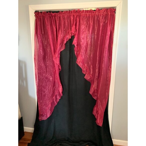 Vintage Red Ruffled Sheer Curtain Panels Rod Pocket Top 42" W x 64" L Elegant Wi - Picture 4 of 4